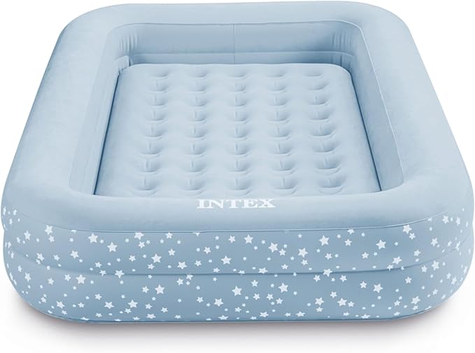 Intex 66810FL Inflatable Kidz Travel Bed Set Includes Hand Pump and Carry Bag Removable Mattress Quick Inflation Indoor Use 42in x 66in x 10in Blue with Star Print Frame
