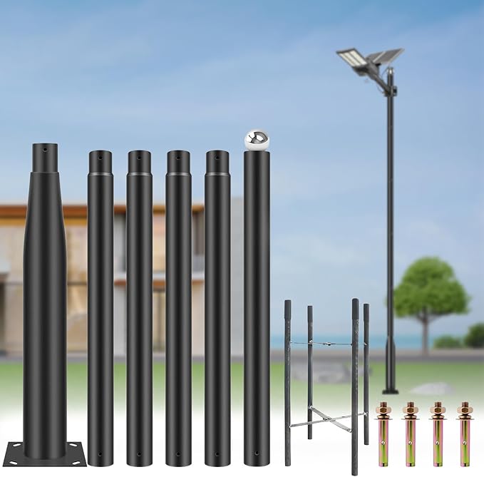 Street Light Pole 20Ft - Black Outdoor Adjustable Metal Solar Street Lamp PostSuitable for Street Courtyard Porch Exterior Patio Flag Lighting Fixtureswith Mounting Rebar Cage Base Accessory