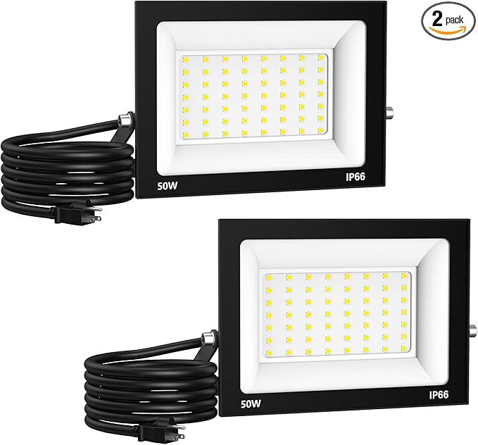 50W Flood Light Outdoor: 2 Pack 5000LM Bright LED Plug-in Flood Light IP66 Waterproof 100-265V 6500K Daylight White Plug-and-Play Heat Dissipation Ideal for Yard Garage Stadium