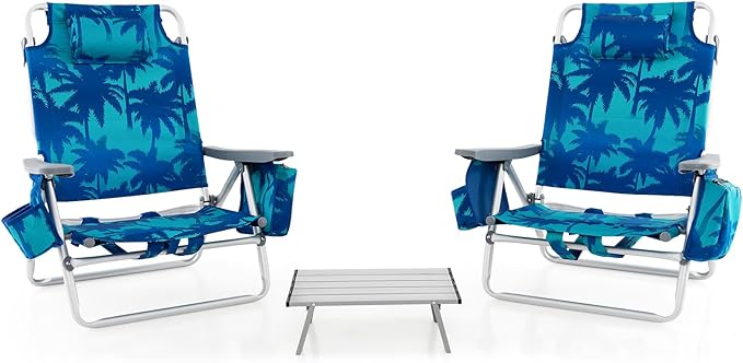 GYMAX Beach Chairs Backpack Camping Chair with Armrest Cooler Bag Cup Holder Towel Bar &amp Side Pockets Sunbath Sling Tanning Lounge Folding Layout Chair (with Table Coconut Tree)