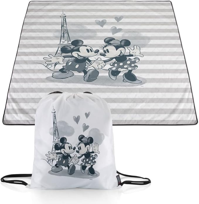 Picnic TIME Disney Mickey and Minnie Mouse Impresa Picnic Blanket Lightweight Folding Beach Blanket with Carry Backpack Machine Washable Water Resistant Fleece Picnic Mat (Black and White)