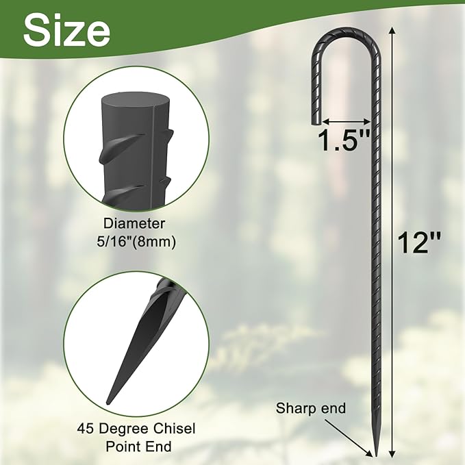 J Hook Rebar Stakes 12 Inch 16 Pack 5/16 Inch Diameter Heavy Duty Steel Tent Stakes Black E-Coated Anti-Rust Ground Anchors for Fencing Tarp Outdoor Decorations Inflatables Bounce House