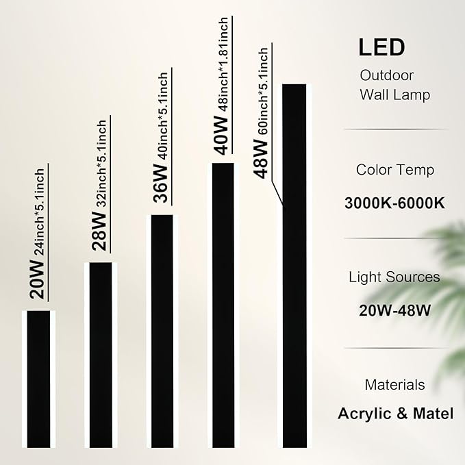 2-Pack 40-Inch Outdoor LED Wall Light Fixtures IP65 Waterproof Exterior Wall Sconce Lighting with Build-in Integrated LED &amp 5 Color Dimmable (3000K/3500K/4500K/5000K/6000K)