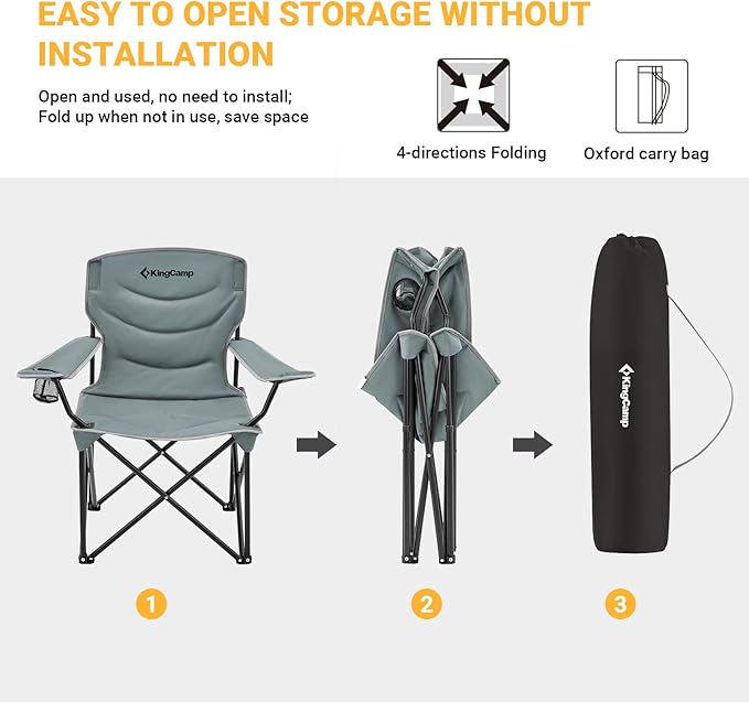 KingCamp Folding Camping Chair Oversized Portable Lawn Chair Padded Quad Chair with Cup Holder and Carry Bag Heavy Duty Supports 300lbs for Outdoor Fishing Picnic Sports Grey