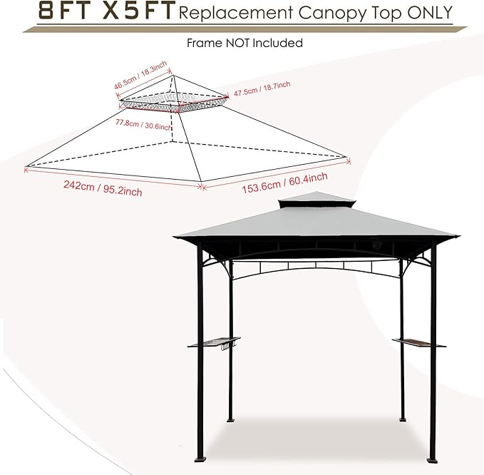 Grill Gazebo Replacement Canopy Roof – Hugline 5x8 Outdoor Grill Shelter Canopy Top Double Tiered BBQ Tent Cover Fit for Model L-GG001PST-F (Gray)