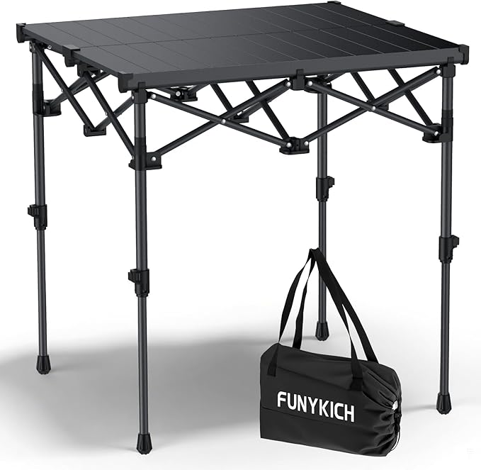 FUNYKICH Folding Camping Table(L26.4''xW22.8'') Aluminum Roll-up Portable Picnic Table with 2 Adjustable Height(17.3'' &amp 27.6'') for Picnic Camping BBQ Party Backyard Beach