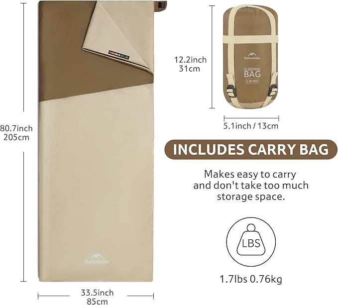 Naturehike Lightweight Compact Sleeping Bag 59℉/32℉ Envelope Ultralight Backpacking Sleeping Bag Portable Waterproof with Compression Sack for Cold&ampWarm Camping Traveling Hiking
