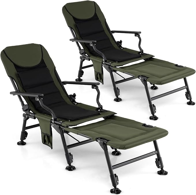 Goplus Oversized Foldable Fishing Chair for Adults 2 Pack Heavy Duty All-Terrain Camping Chair with Detachable Footrest Padded High-Back Adjustable Feet Portable Recliner for Outdoor Patio Beach