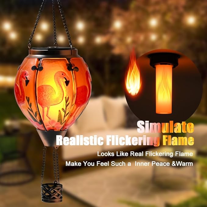 Hot Air Balloon Solar Lantern - Flamingo Stained Glass Lantern Simulated Flickering &amp Dancing Flame Outdoor Hanging Yard Light Waterproof IP65 for Patio Lawn Porch Decor Gift