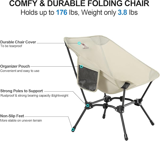 CAMEL CROWN Folding Camping Chair Lightweight Portable Compact Lawn Chair with Side Pocket for Outdoor Travel Beach Picnic Hiking Backpacking Khaki