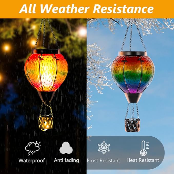 DREAMSOUL 2 PCS Solar Hot Air Balloon Lantern with Flame Glass Hanging Solar Lanterns Outdoor Waterproof for Lawn Patio Porch Decor