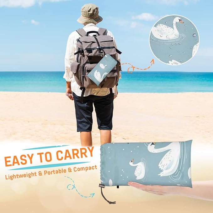 Waterproof Sandproof Beach Blanket 59''×68'' Animals Swans Polyester Outdoor Picnic Blanket with 4 Stakes &amp Storage Bag for BeachCampingVacation Grey