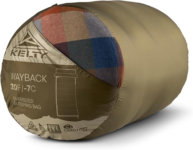 Kelty Wayback Flannel Lined Sleeping Bag Built in Blanket Traditional Rectangle Shape Organic Flannel Cotton Liner Dual Locking Slide Zips