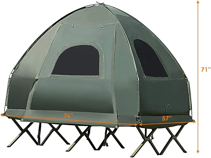 Double Tent Bed Portable Camping Tent with Air Mattress and Pillow Folding Camping Cot of Metal Frame Double Sleep Bag with Polyester Canopy for Outdoor Family Camping Picnic - Military Green