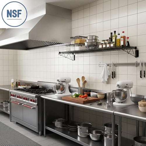 18 x 48 Wire Black Epoxy Wall Mount Shelf Commercial Fixed Wall Mount Rack NSF Metal Floating Shelving for Kitchen Stock Rooms Home and Hotel