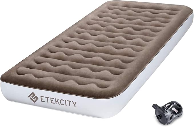 Etekcity Air Mattress Upgraded Twin Size Camping Air Bed Blow Up Bed Inflatable Mattress Raised Airbed with Rechargeable Pump for Guest Camping Hiking Height 9 Storage Bag Brown