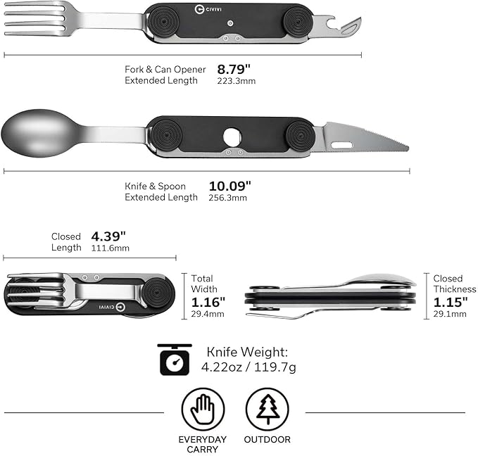 CIVIVI Partake 4-in-1 Camping Utensil Detachable Stainless Steel Folding Knife Fork Spoon &amp Bottle Opener Multi-Tool with Waxed Canvas Pouch for Travel Camping Hiking C24032C-1 Black