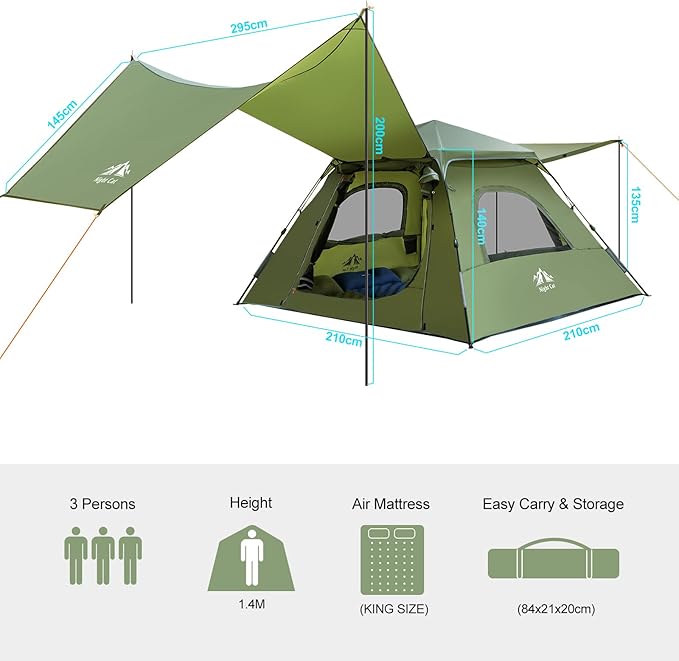 Night Cat 3-Person Camping Tent: Waterproof Instant Cabin Tent with Canopy Tarp for Family 2-in-1 Canopy Tent with Porch Easy Setup