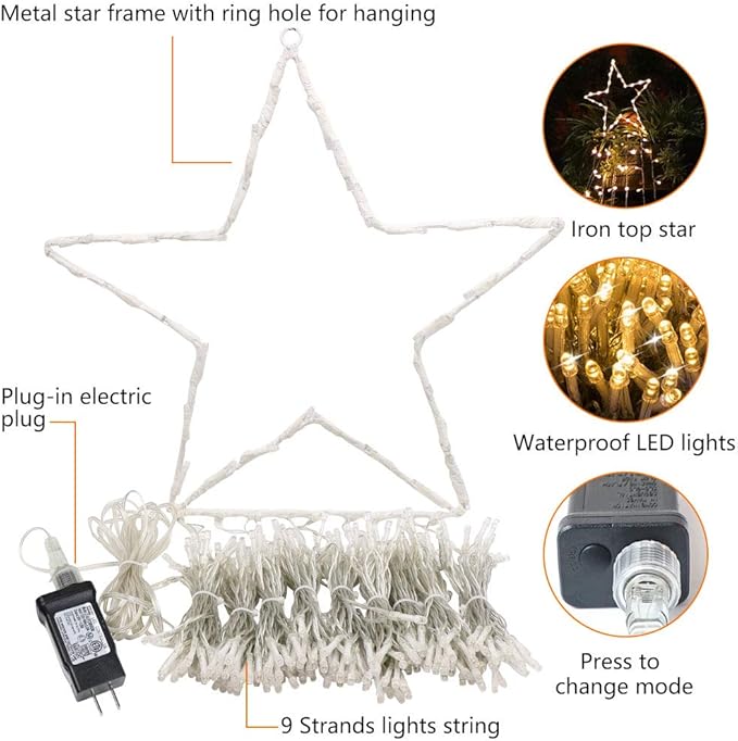 Christmas Decoration Star Lights Outdoor 320 LED 16.4Ft Christmas Tree Toppers String Lights [8 Modes&amp Waterproof] for Halloween Christmas New Year Holiday Birthday (Iron-Warm White)