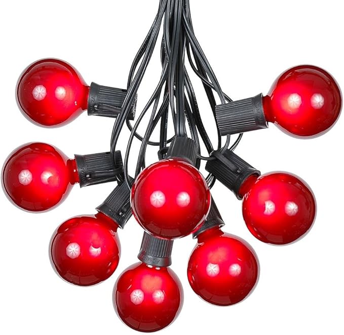 25 Foot G50 Outdoor Patio String Lights with 25 Red Globe Bulbs – Indoor Outdoor String Lights – Market Bistro Café Hanging String Lights – C9/E17 Base - Black Wire