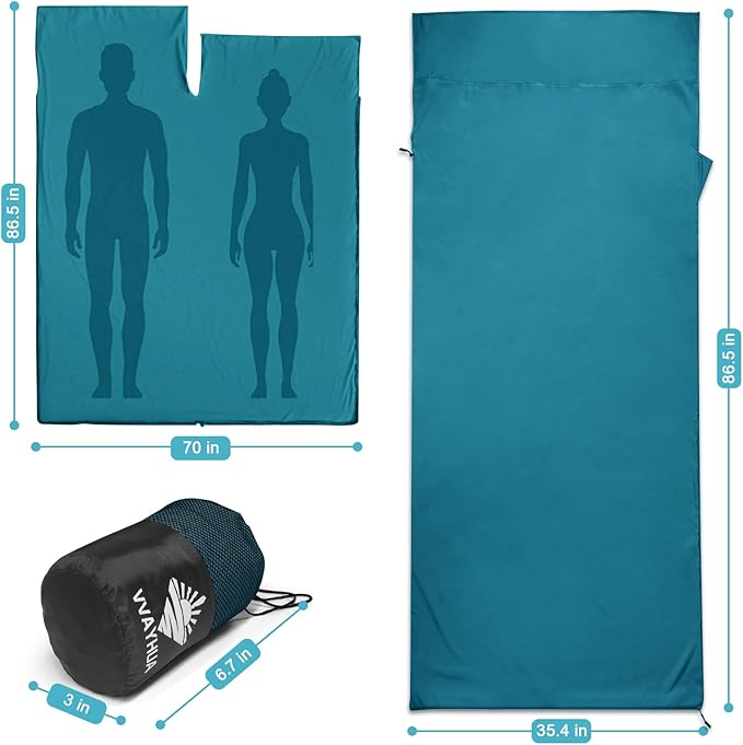 Sleeping Bag Liner 9.5oz Ultralight Satin Travel Sheets for Hotel with Two Way Zippers Silky Camping Sheets &amp Adult Sleep Sack for Backpacking Hiking Business Trips