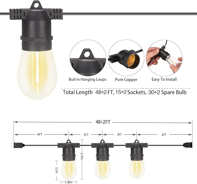 96FT LED Outdoor String Lights with Dimmer &amp Timer Shatterproof IP65 Waterproof Patio Lights for Christmas Party Wedding Decoration