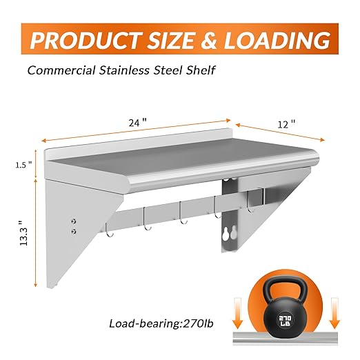 Commercial Stainless Steel Shelf with 5 Hooks 12 x 24 Wall Mounted Food Service Storage Rack Shelves Heavy Duty 250 lb Metal Shelf for Kitchen Restaurant Food Truck Garage Laundry Room