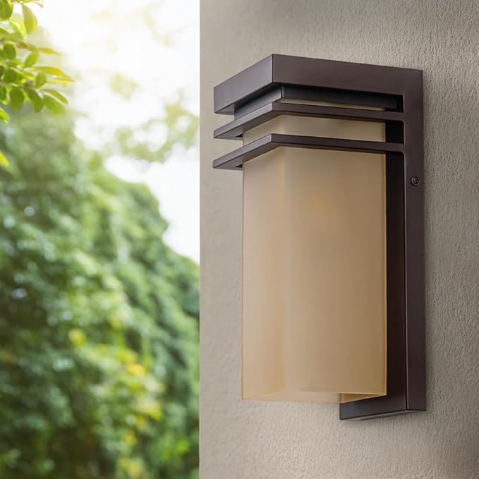 Outdoor Wall Lights Set of 2 Front Porch Sconce Lighting Wall Mount Exterior Wall Lamps with Antique Amber Glass for House Patio Light Fixture Commercial Use E26 Base