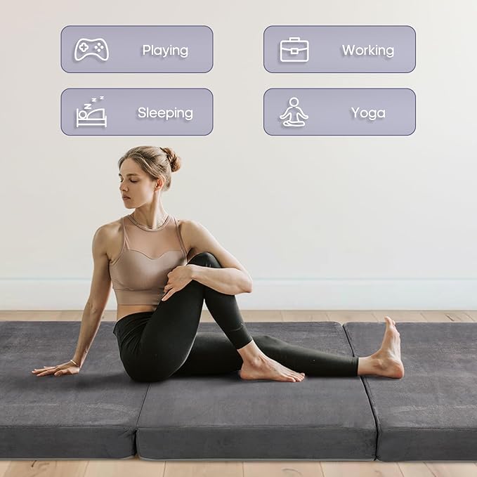 Tri-fold Memory Foam MattressHandle &amp Non-Slip Bottom 4 inch Single Folding Mattress with Washable Covers Travel Camping and Yoga Mat75 x 38 x 4