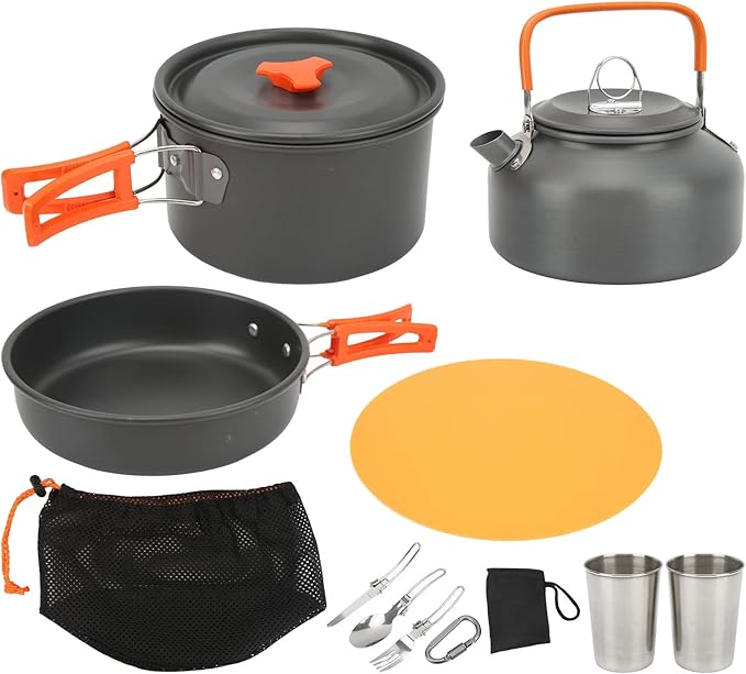 Camping Cookware Mess Kit Portable Set Hard Oxidized Aluminum Lightweight Black - Non Stick Surface Folding Utensils Ideal for Backpacking and Outdoor Cooking