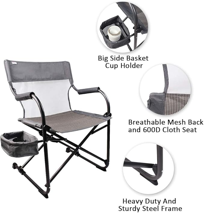 Heavy Duty Portable Foldable Director's Chair Gray - Perfect for Outdoor Use with Camping and Sporting Events Side Basket Has Storage for Everyday Essentials
