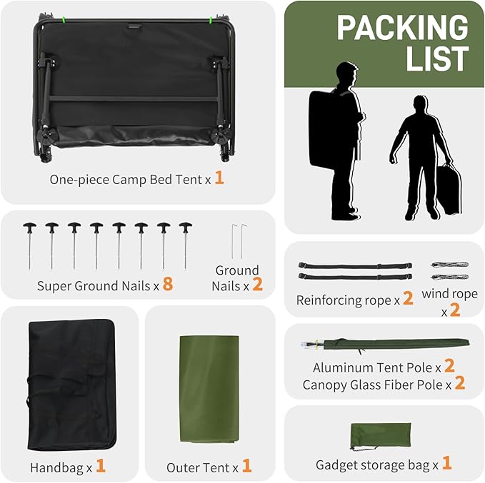 Large Outdoor Portable Sleeping CotPortable Lightweight Folding Camping Cot TentElevated Camping Bed TentFolding Outdoor Travel Cotwith Carry Bagfor Patio Hiking Picnic Travel (Army Green)
