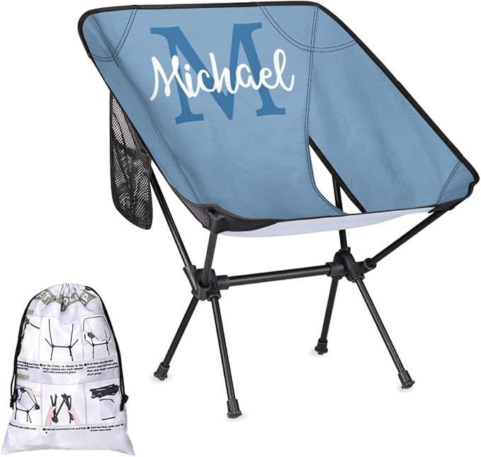 Custom Blue Portable Camping Chair Personalized Backpacking Chair with Name Lightweight Foldable Chairs for Hiking Beach