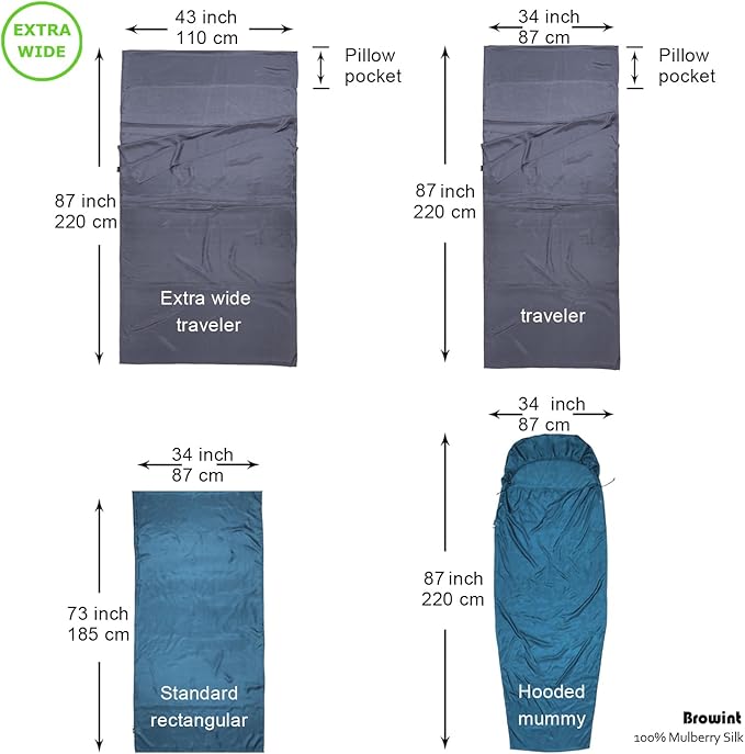 Browint Silk Sleeping Bag Liner Silk Sleep Sack Extra Wide 87x43 Lightweight Travel Sheet for Hotels More Colors for Option Reinforced Gussets