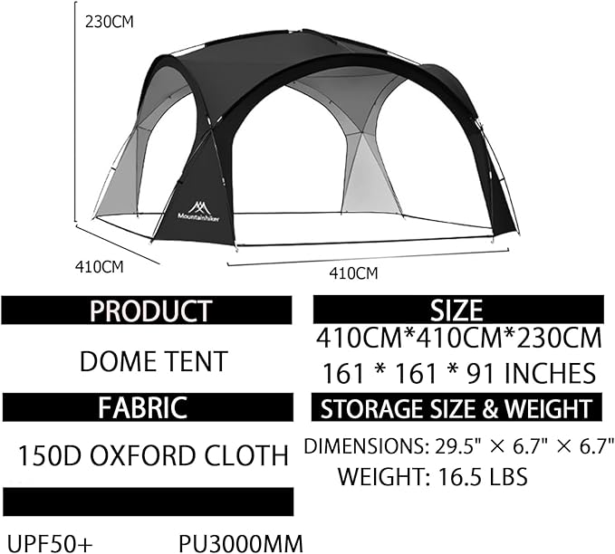 Mountainhiker Dome Tent – (160 * 160 * 90in) UV Protection Waterproof Windproof Outdoor Shelter for 5-8 People Easy to Set Up for Camping Beach and Hiking