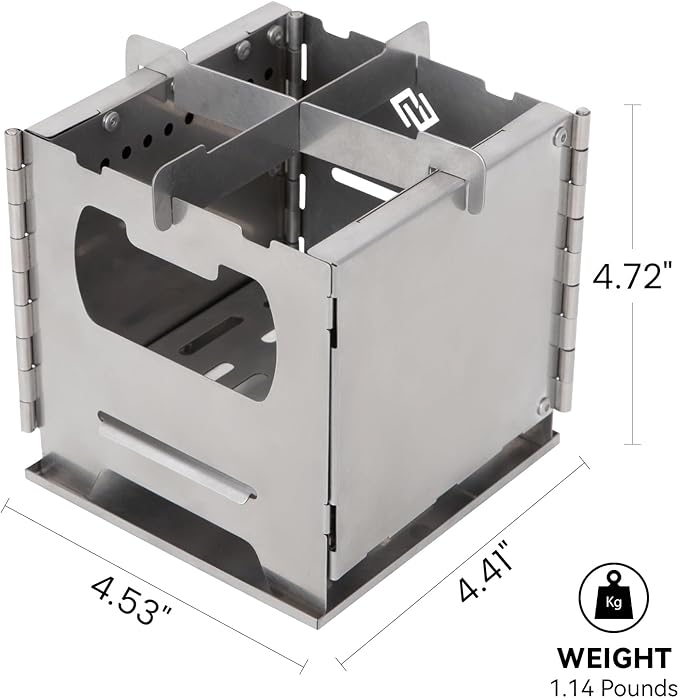 COOK'N'ESCAPE Portable Wood Burning Stove Foldable Stainless Steel Camp Burner with Titanium Grill Plate and Ash Tray Secondary Combustion Survival Gear for Hiking Outdoor Tent Camping Picnic BBQ