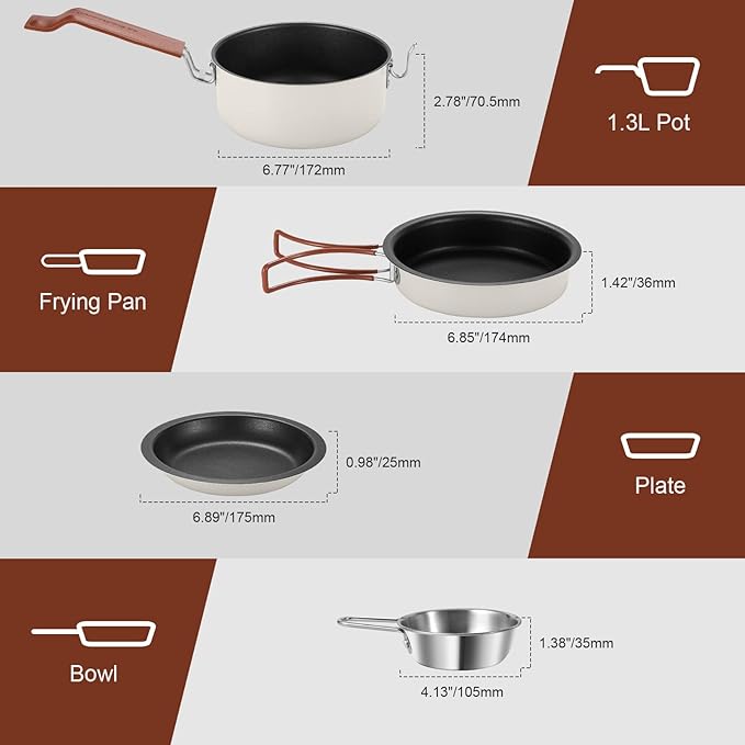 Odoland 10pcs Camping Cookware Non-Stick Camping Pot and Pan Set with Plate Bowl Fork Knife Spoon for Backpacking Hiking Outdoor Cooking and Picnic