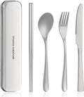 Titanium utensil travel set portable lunch silverware set with box including titanium chopsticks spoon fork knife reusable suitable for office and outdoor dining (Titanium gray 4-piece set)