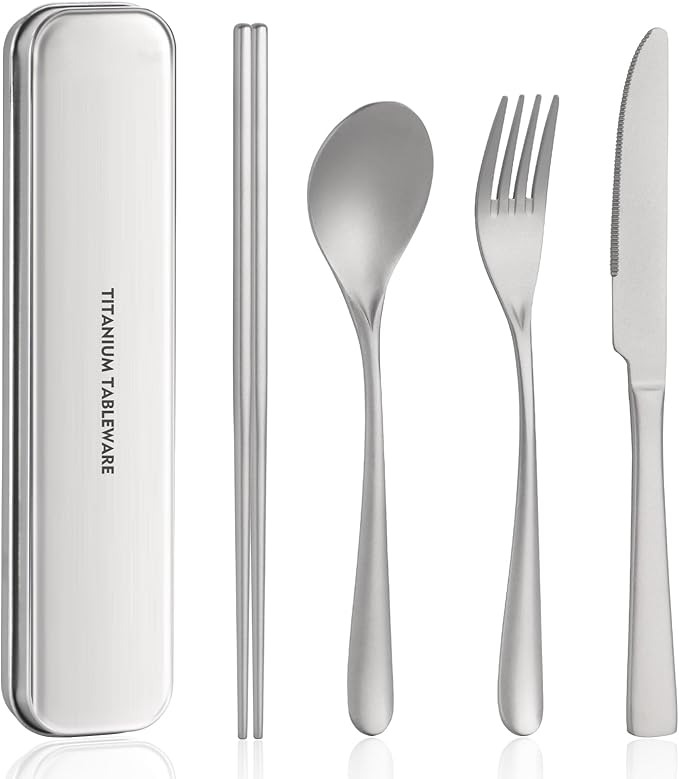 Titanium utensil travel set portable lunch silverware set with box including titanium chopsticks spoon fork knife reusable suitable for office and outdoor dining (Titanium gray 4-piece set)