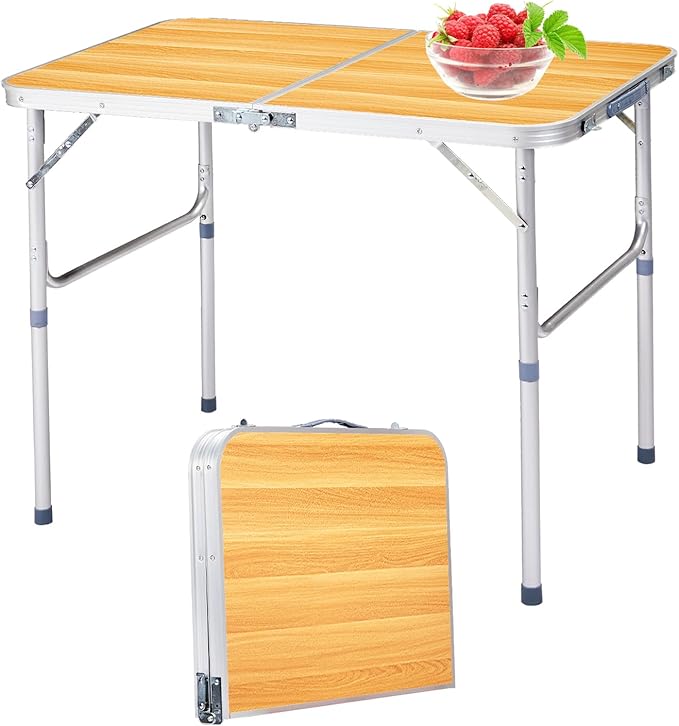 BIVVI 3FT Small Folding Camping Table Portable Lightweight Fold Up Utility Side Tables with Carrying Handle Outdoor Aluminum Fold in Half Dining Card Table for Picnic Party Events (Wood Grain Color)