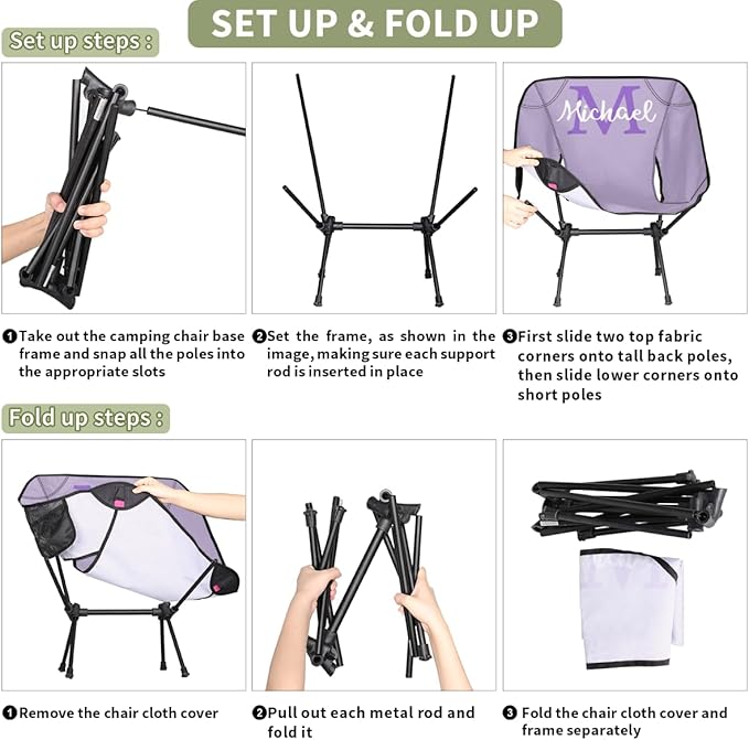 Custom Light Purple Portable Camping Chair Personalized Backpacking Chair with Name Lightweight Foldable Chairs for Hiking Beach
