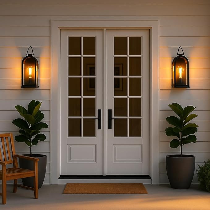 Vintage Outdoor Wall Light Fixtures (2 Pack) - Matte Black Porch Lantern/Exterior Wall Sconce Glass Shade Sturdy Metal Frame Waterproof &amp Anti-Rust for Entryway/Garage/Patio/Doorway E26 Socke