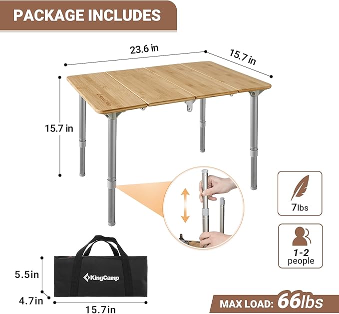 KingCamp Bamboo Folding Table Camping Table with Adjustable Height 4-Folds Compact Small Lightweight Portable Picnic Camp Table for Outdoor Backpacking Beach RV Travel Tailgating Barbecue 1-2 People