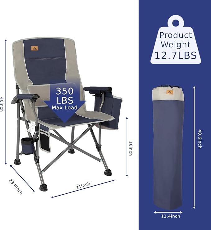 Ablazer Camping Chairs for Adults Support 350 LBS Folding Chairs for Outside Lawn Chairs Heavy Duty with Cooler Bag &amp Cup Holder (Blue &amp Grey)