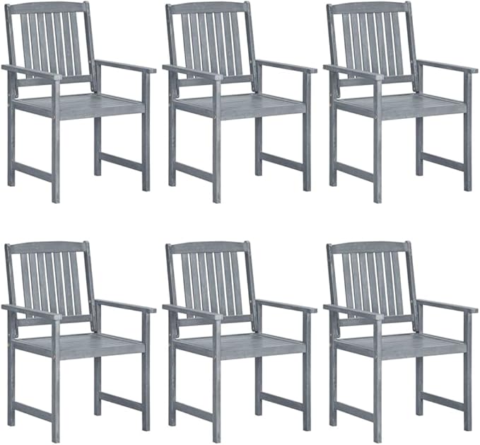 Garden Chair Set of 6 Grey Solid Acacia Wood Standard Durable Outdoor Dining Furniture with Rustic Finish for Patio Garden Balcony Weather Resistant Comfortable Seating Easy