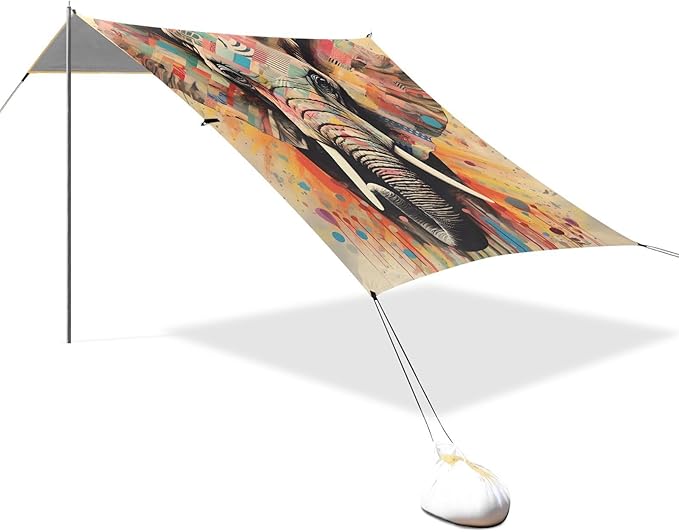 Beach Tent Sun Shelter Elephant Colored Checkered Lines Lightweight &amp Easy Setup Beach Shade Canopy for Camping Fishing