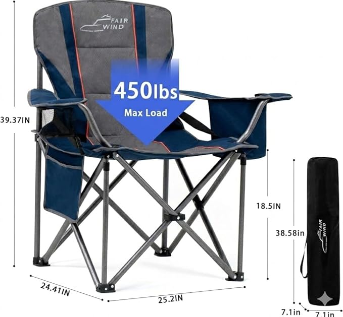 FAIR WIND Heavy Duty Camping Chair Oversized Padded Folding Chair for Big and Tall (450lbs) Extra Wide Seat with Integrated Cooler &amp Storage Pocket Adjustable Lumbar Support for Outdoor