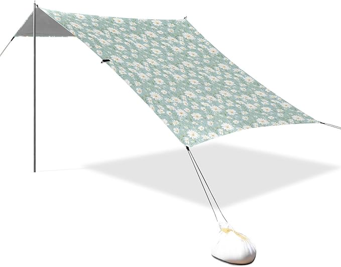 ALAZA Delicate Daisy Flower Beach Tent Sun Shelter UPF50+ Protection Beach Shade Canopy w/ 4 Sandbags for Outdoor Camping Fishing Backyard Fun Picnic 10x9 ft
