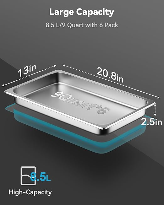 6 Pack Hotel Pans Full Size 2.5 Deep Stainless Steel Steam Table Pan 20.8 L x 12.8 W 22 Gauge Metal Commercial Catering Food Pans Anti Jam Food Storage Containers
