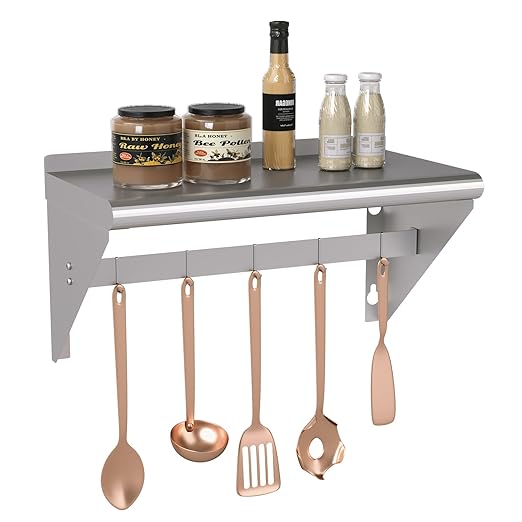 Commercial Stainless Steel Shelf with 5 Hooks 12 x 24 Wall Mounted Food Service Storage Rack Shelves Heavy Duty 250 lb Metal Shelf for Kitchen Restaurant Food Truck Garage Laundry Room